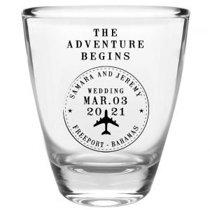 The Adventure Begins 2A Travel Stamp Clear 1oz Round Barrel Shot Glasses Destination Wedding Gifts for Guests