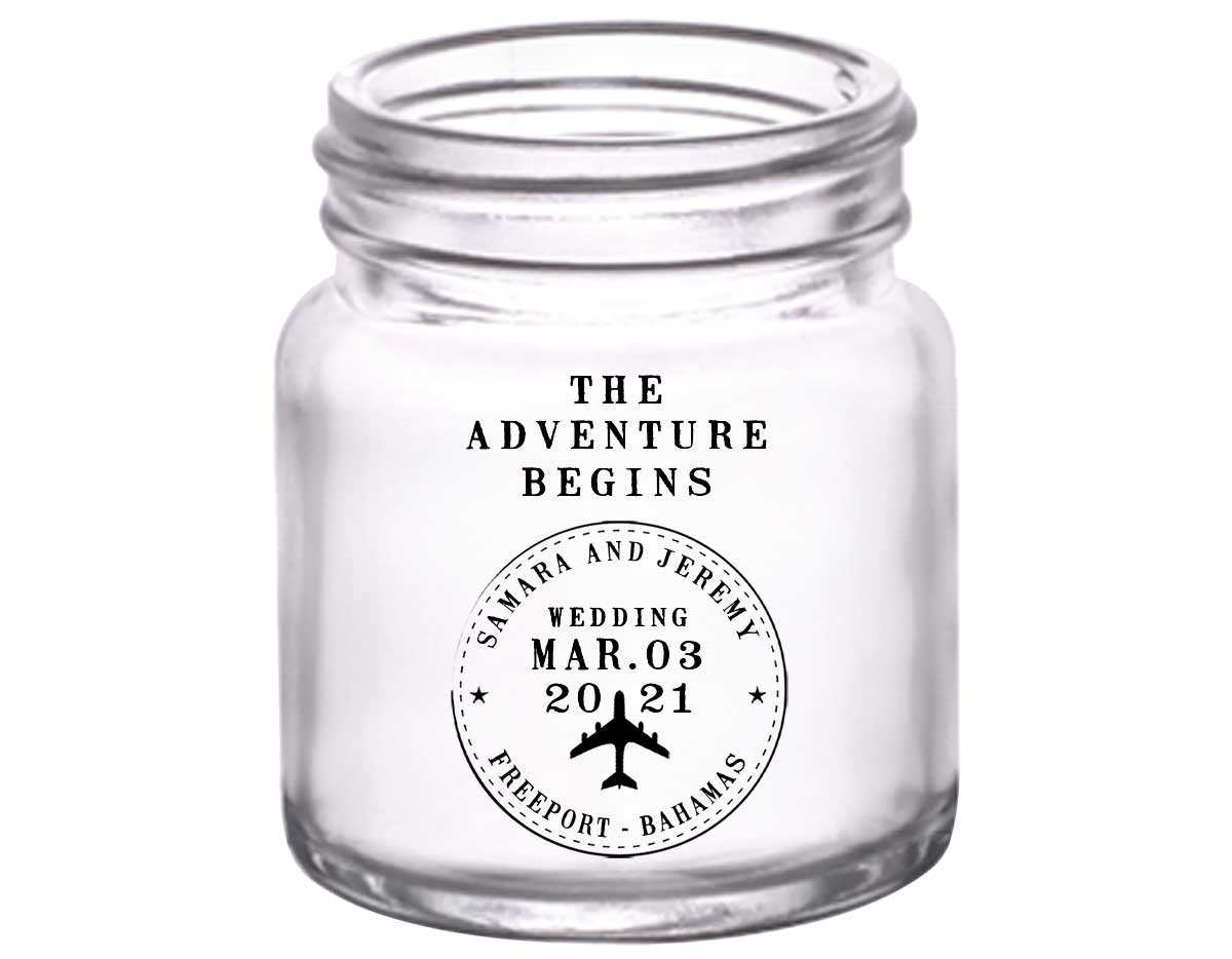 The Adventure Begins 2A Travel Stamp 2oz Mini Mason Shot Glasses Destination Wedding Gifts for Guests