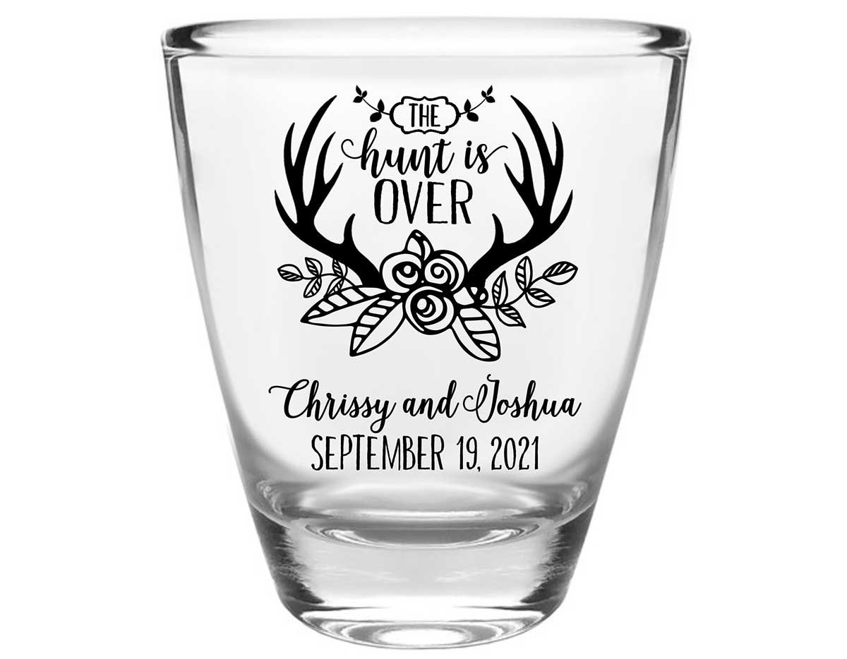 The Hunt Is Over 5A Clear 1oz Round Barrel Shot Glasses Country Wedding Gifts for Guests